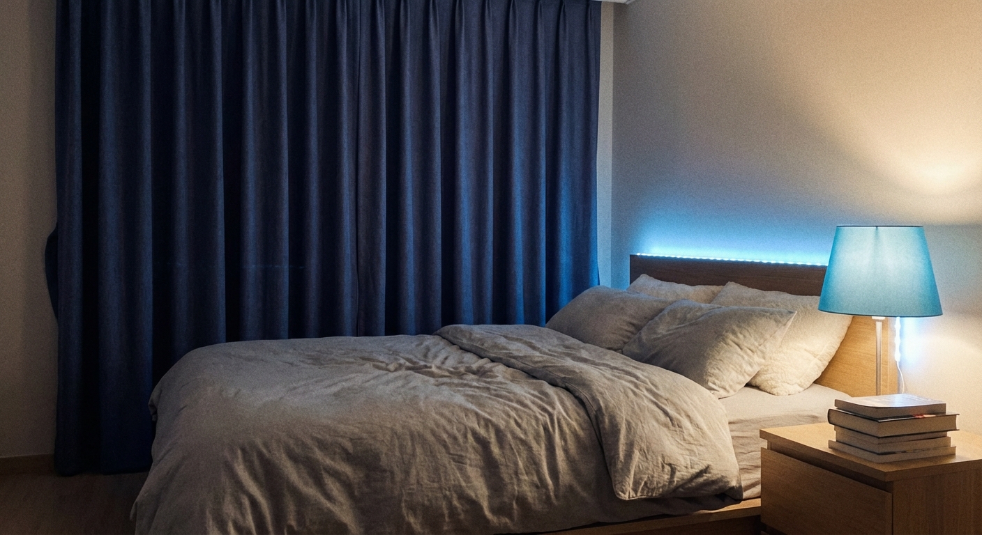 Serene bedroom optimized for quality sleep with dark curtains and cool lighting