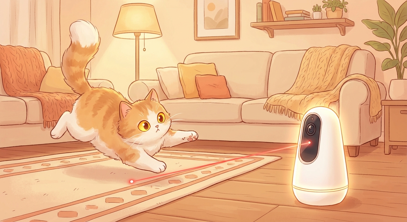 Cat engaging with an interactive smart toy in a living room