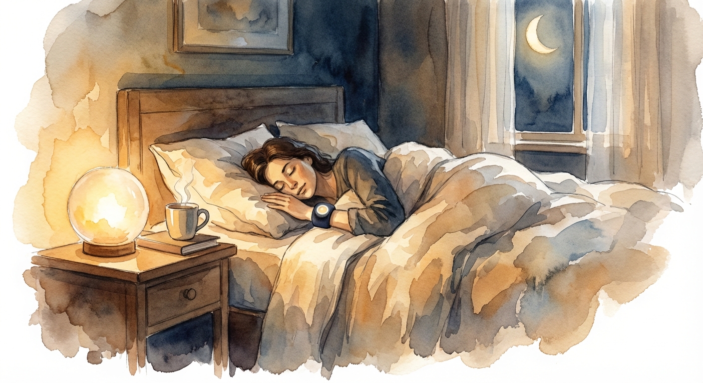 Person sleeping peacefully with a wearable sleep tracker in a cozy bedroom