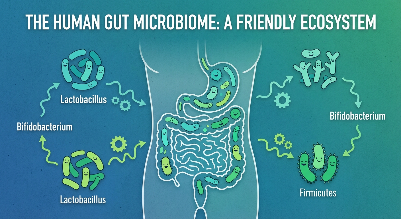 Illustration of the human gut microbiome with diverse beneficial bacteria