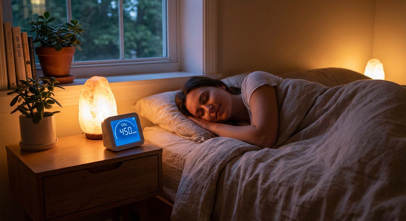 Air quality monitor on a nightstand displaying CO2 levels in a peaceful bedroom at night
