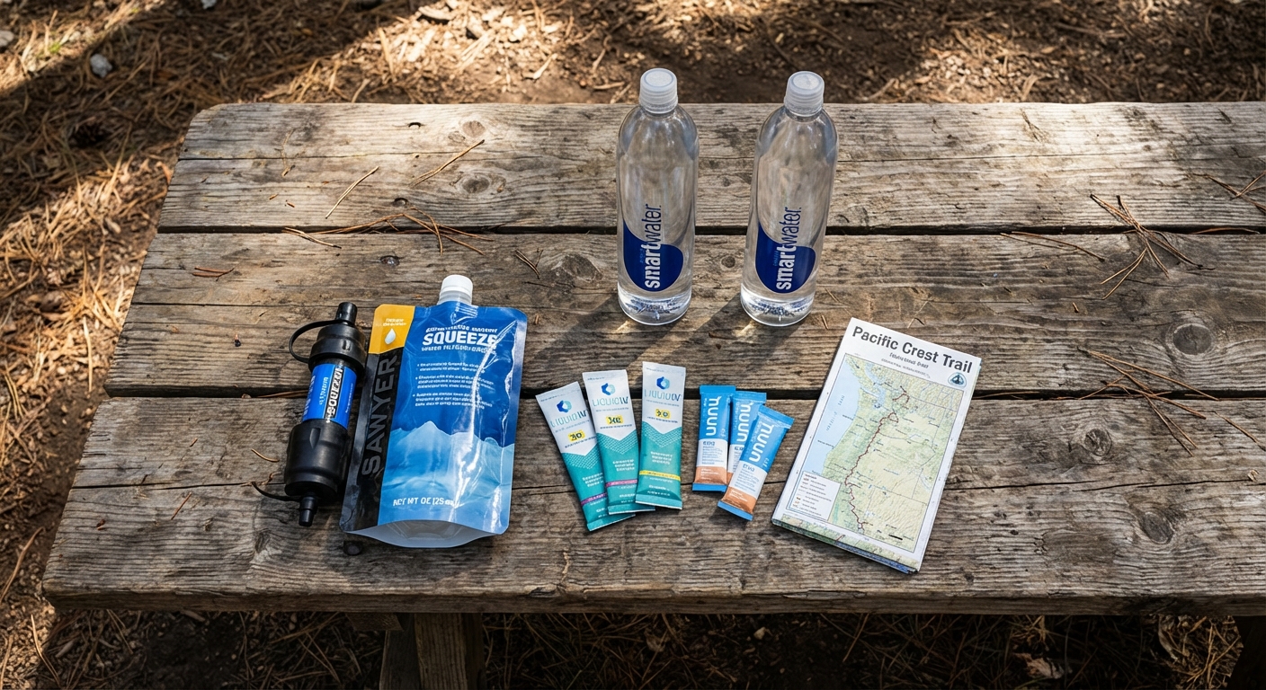 Backcountry water filtration gear laid out on a picnic table including filter, bottles, and electrolyte packets