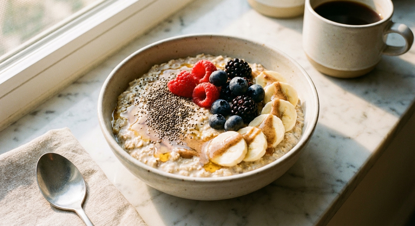 Overnight oats breakfast bowl topped with chia seeds, berries, and banana