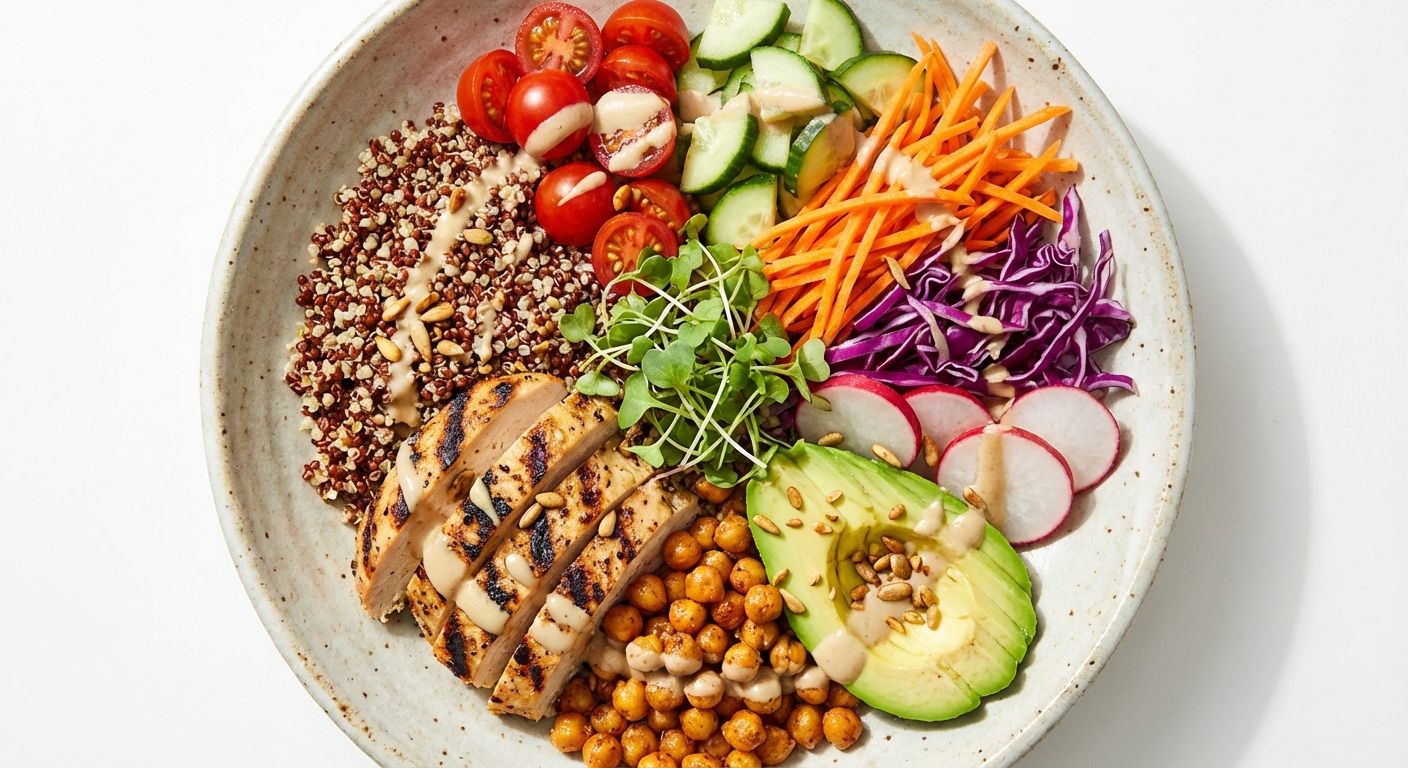 A high-protein grain bowl with quinoa, chicken, and legumes