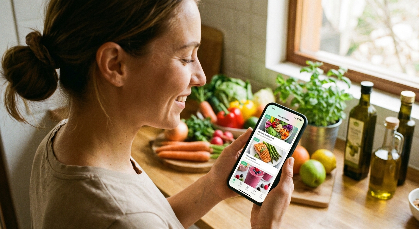 Person using an AI-powered meal planning app with fresh ingredients on the counter