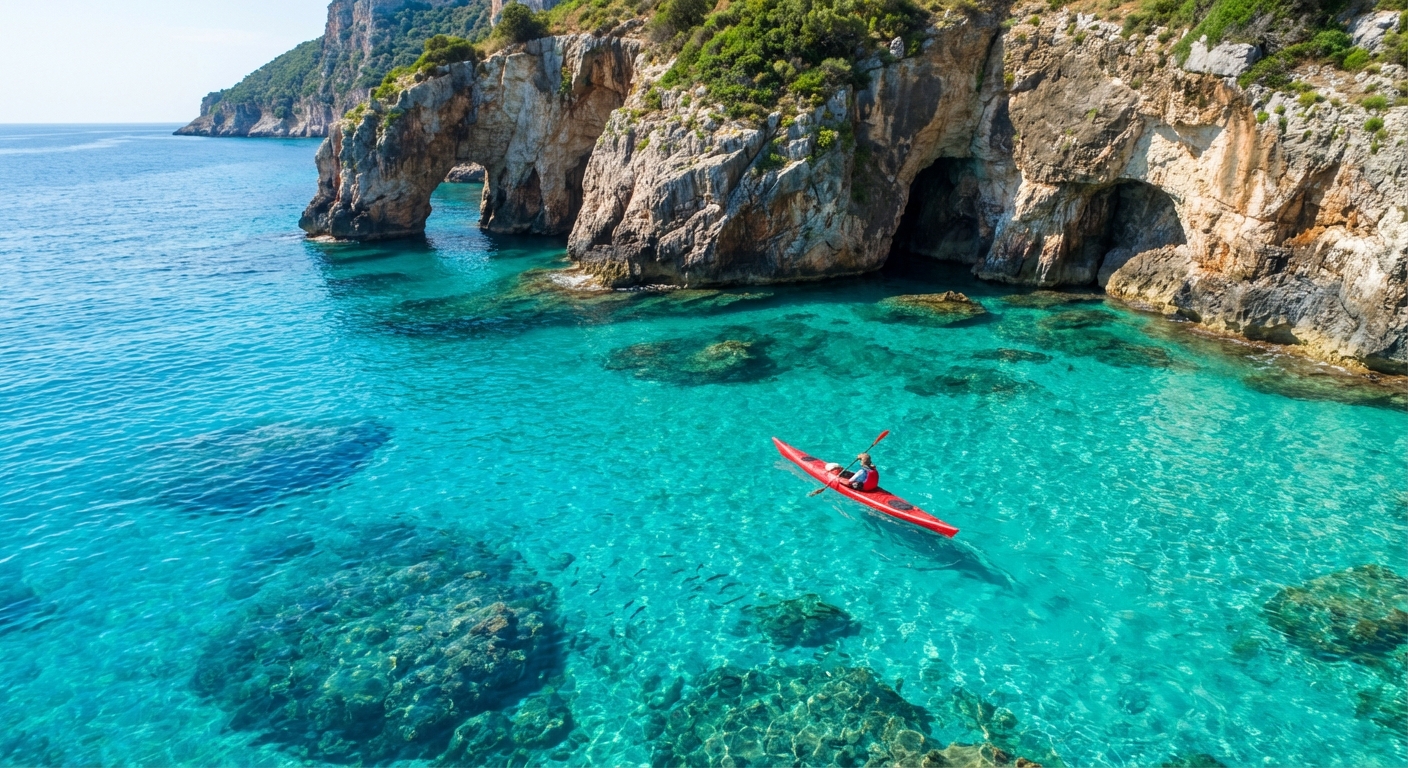 Sea kayaker paddling through turquoise water near coastal cliffs